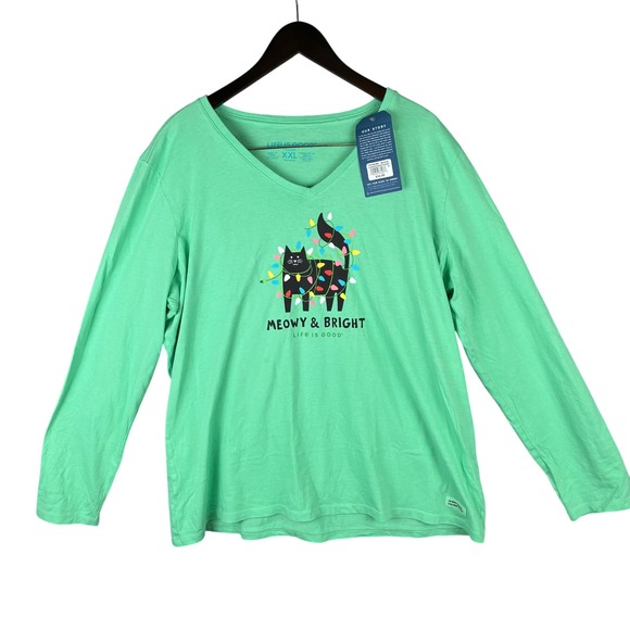 Life Is Good Tops - NWT Life Is Good Crusher Tee XXL Long-Sleeve Green Meowy & Bright Cat Christmas